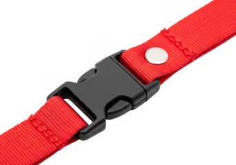 Close up of a red strap with a black plastic buckle isolated on transparent background