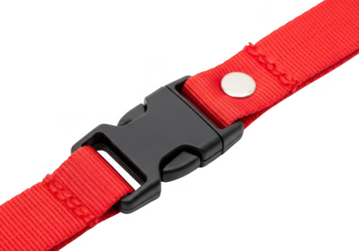 Close up of a red strap with a black plastic buckle isolated on transparent background