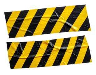 Two strips of wrinkled yellow and black striped caution tape for restricted areas Isolated on transparent or white, Cut out