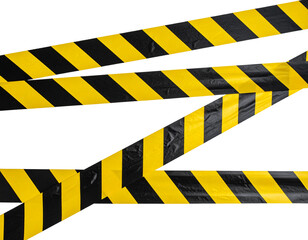 Two strips of wrinkled yellow and black striped caution tape for restricted areas Isolated on transparent or white, Cut out