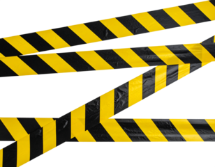 Two strips of wrinkled yellow and black striped caution tape for restricted areas Isolated on transparent or white, Cut out
