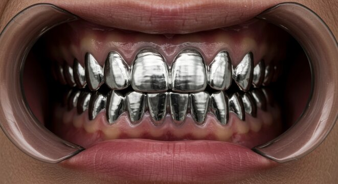 Close up of a mouth with silver teeth, showcasing dental work and oral health