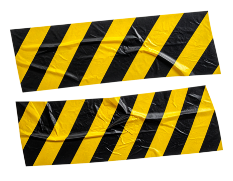 Two strips of wrinkled yellow and black striped caution tape for restricted areas Isolated on transparent or white, Cut out