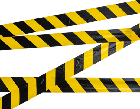 Two strips of wrinkled yellow and black striped caution tape for restricted areas Isolated on transparent or white, Cut out