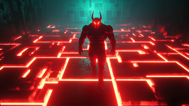 A glowing minotaur stands guard inside a vast digital labyrinth, illuminated by shifting neon pathways that evoke mystery danger and futuristic mythology in a cyber realm.