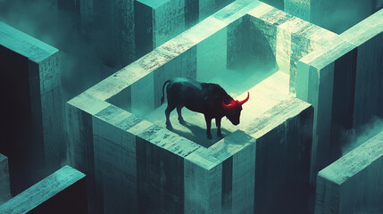 A glowing minotaur stands guard inside a vast digital labyrinth, illuminated by shifting neon pathways that evoke mystery danger and futuristic mythology in a cyber realm.