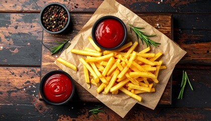 A Mouthwatering Display of Crispy Golden French Fries, Ketchup, and Spices on Wood