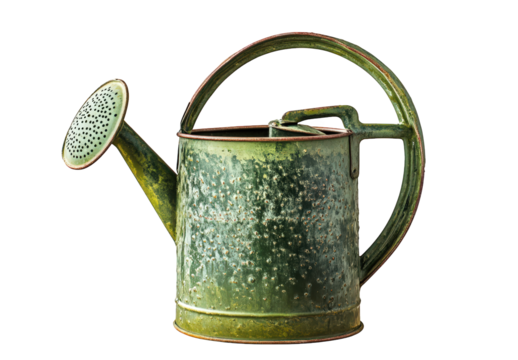 Vintage green watering can isolated on transparent background, featuring a classic design with a long spout and handle, perfect for watering plants and flowers
