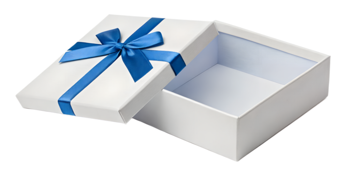 Elegant white gift box with open lid and blue ribbon bow on white background