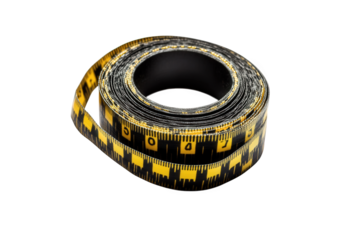 Closeup of a rolled measuring tape isolated on transparent background, showing the black and yellow color scheme and the detailed measurement markings