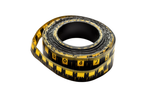 Closeup of a rolled measuring tape isolated on transparent background, showing the black and yellow color scheme and the detailed measurement markings