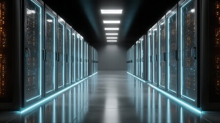 A server room with rows of servers and bright lights illuminating the corridor in a futuristic style