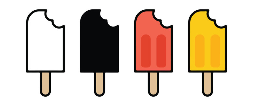 Four colorful popsicles on sticks, each with a bite taken out, set against a white background, illustrating a sweet treat and summer refreshment