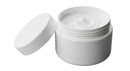 Open jar of white beauty cream with smooth texture and minimalist design