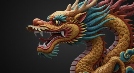 Detailed ornate golden chinese dragon on dark background studio shot render