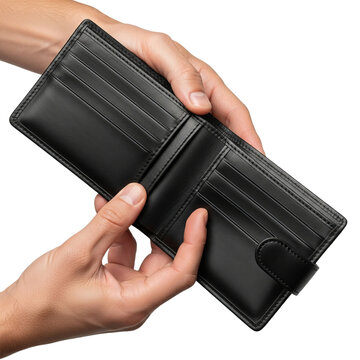 Hands holding an empty black leather wallet on isolated background