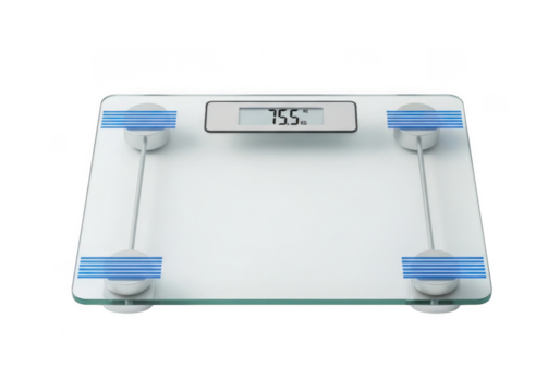 Digital bathroom scale with clear glass platform and blue accents isolated on transparent background
