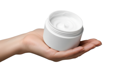 Hand holding open jar of white cream isolated on black background