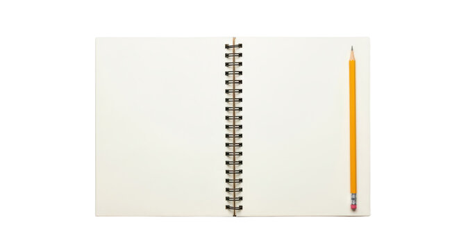 Open spiral notebook with yellow pencil on white background