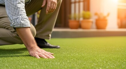 Lawn Care: Man Crouching Down to Inspect Quality of Green Grass or Artificial Turf