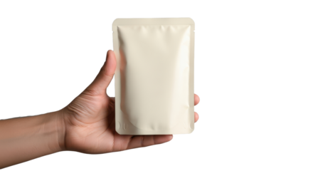 Hand holding minimalistic white pouch on black background