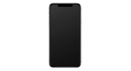 Sleek black smartphone front view with blank screen isolated on white background