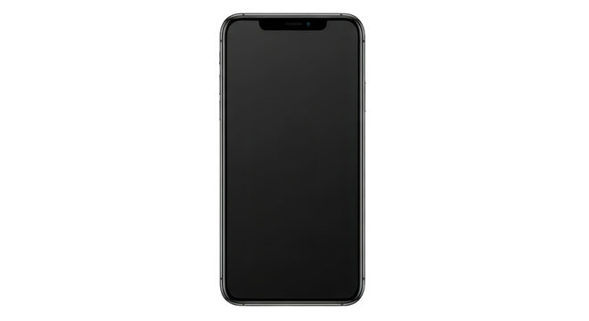 Sleek black smartphone front view with blank screen isolated on white background