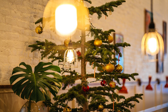 Close-Up Cozy and Warm Christmas Tree Scene With Ornaments