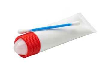 White ointment tube with red cap and cotton swab isolated on transparent background
