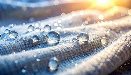 Water Repellent Fabric: Captivating close-up of water droplets on textile material, showcasing the effectiveness of the water-repellent texture against sunlight.