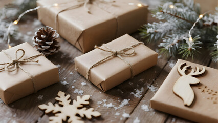 Christmas, Gift, Wrapping, Kraft, Paper, Decoration, Pinecone, Lights, Festive, Holiday