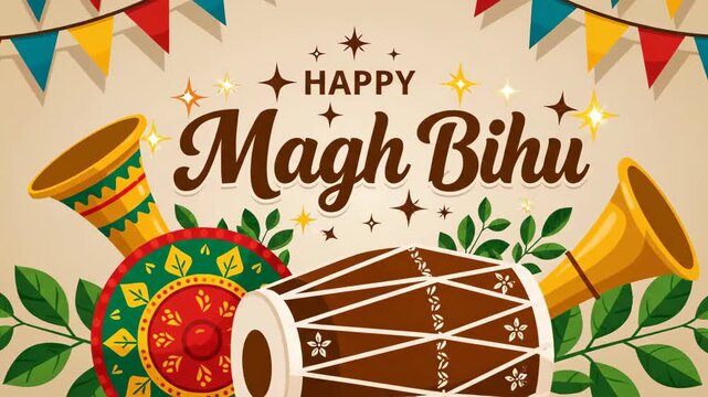 Happy Magh Bihu Animation 4k Celebration with Traditional Instruments and Colorful Decorations An Animated 4k Delight for the Festive Season