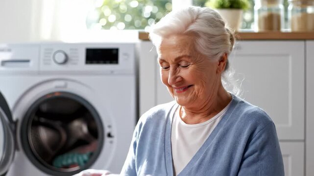 Happy Senior Woman Loading Laundry into Modern Washing Machine at Home