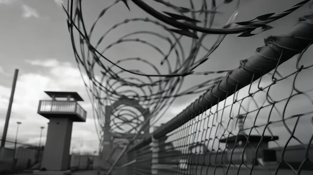High-Security Prison Gate with Dense Barbed Wire in Harsh Light
