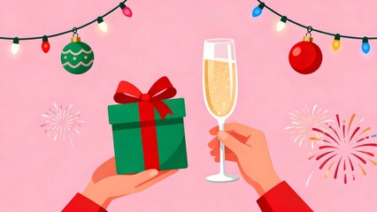 Holiday celebration with gift and champagne