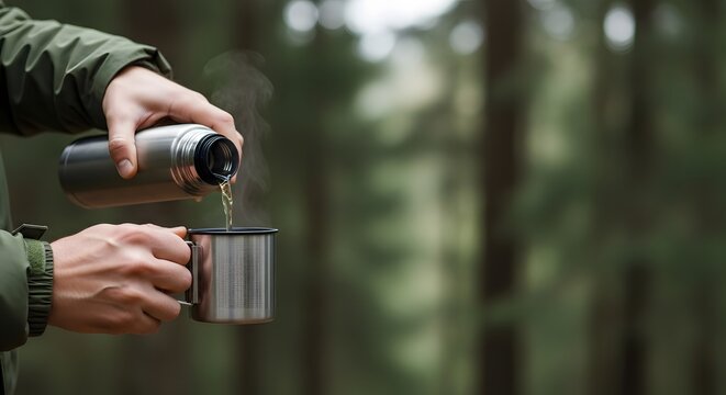 Cozy Break: Hiker Pouring Steaming Tea from Stainless Steel Thermos in Dark Pine Forest