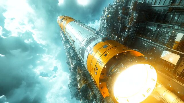 Futuristic rocket launchpad under dramatic clouds
