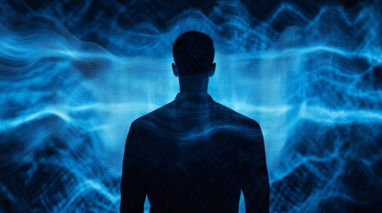 A flowing digital wave passes through a human silhouette, creating a glowing tech-inspired scene symbolizing data flow, connectivity, and the fusion of humanity with digital energy.