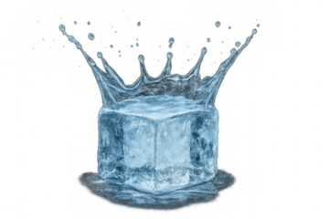 Ice cube dropping into water creating splash crown, refreshing liquid, cool refreshment concept, illustration on transparent background
