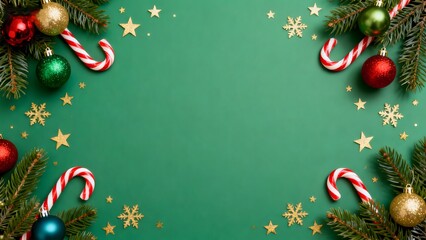 Christmas decorations on green background
