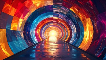 A vibrant, colorful tunnel leading towards bright light