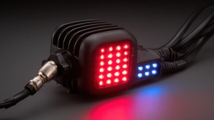 Dark background, black box with many red LEDs, some blue LEDs, and wires