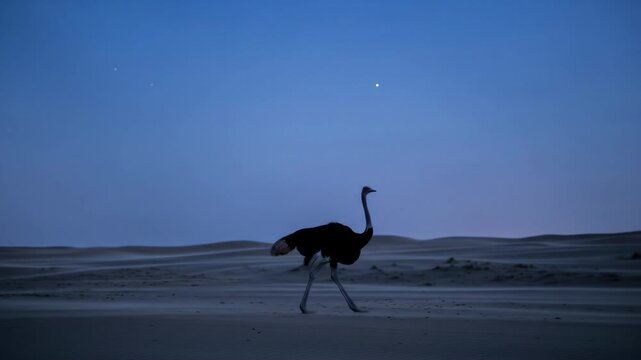 Ostrich walking through golden savanna mist