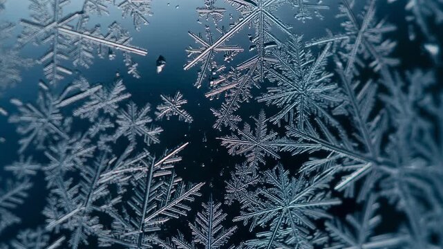 Close-up view of intricate ice crystals and delicate snowflakes forming on a cold, dark surface, showcasing winter's frosty beauty.