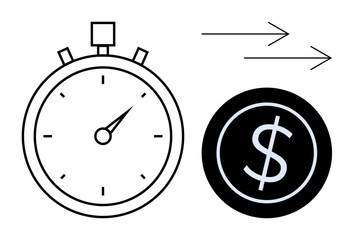 Stopwatch with pointed hands and a dollar coin alongside forward arrows. Ideal for time management, productivity, financial planning, efficiency, business strategy, cost efficiency, economic growth