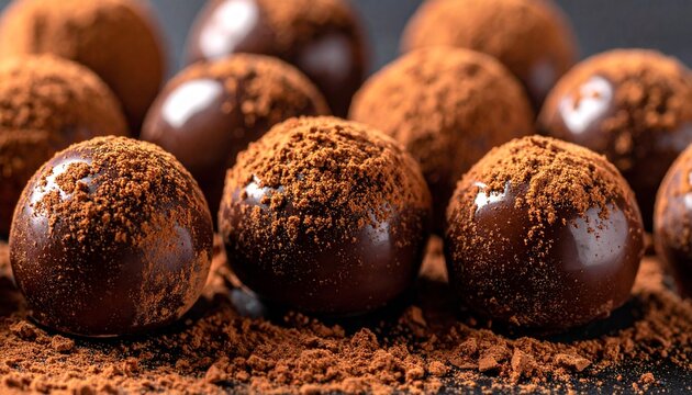 Close-up of rich, dark homemade chocolate truffles, generously dusted with cocoa powder, highlighting their tempting texture and decadent gourmet appeal as a sweet treat or dessert