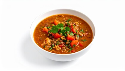 Hearty lentil soup with fresh tomatoes and parsley in a white bowl on a white background