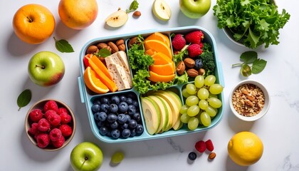 Colorful Lunchbox with Healthy Food: Fruits, Vegetables, Nuts, and Sandwich on White Marble