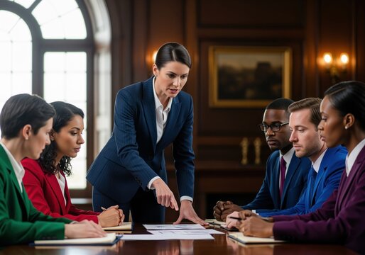 Businesswoman leads diverse team meeting pointing at documents