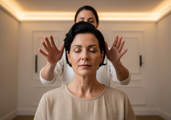 Mature woman receiving reiki healing treatment for relaxation therapy